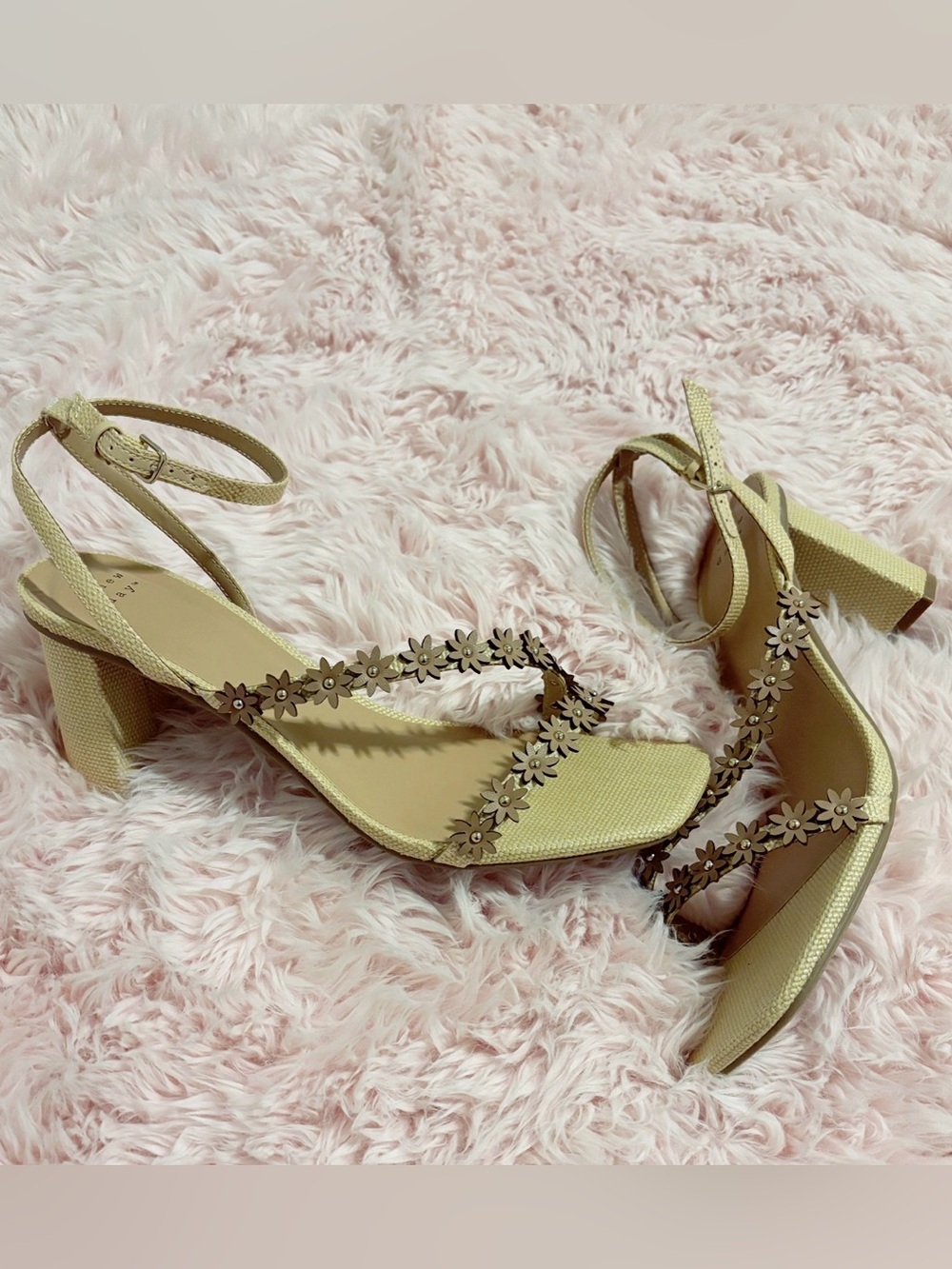 a new day Beige Floral Ankle-Strap Block Heels